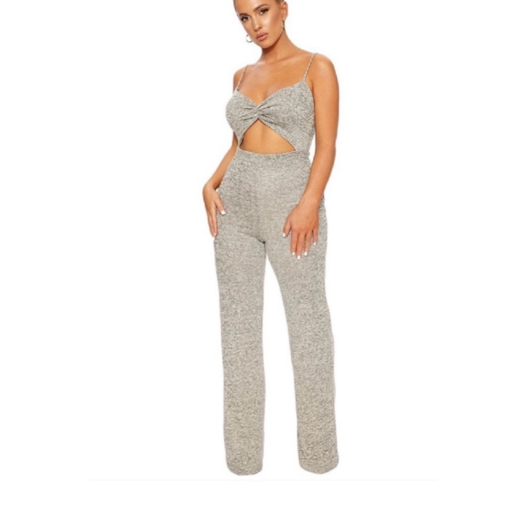 naked wardrobe Silver Gray Knit Cutout Jumpsuit